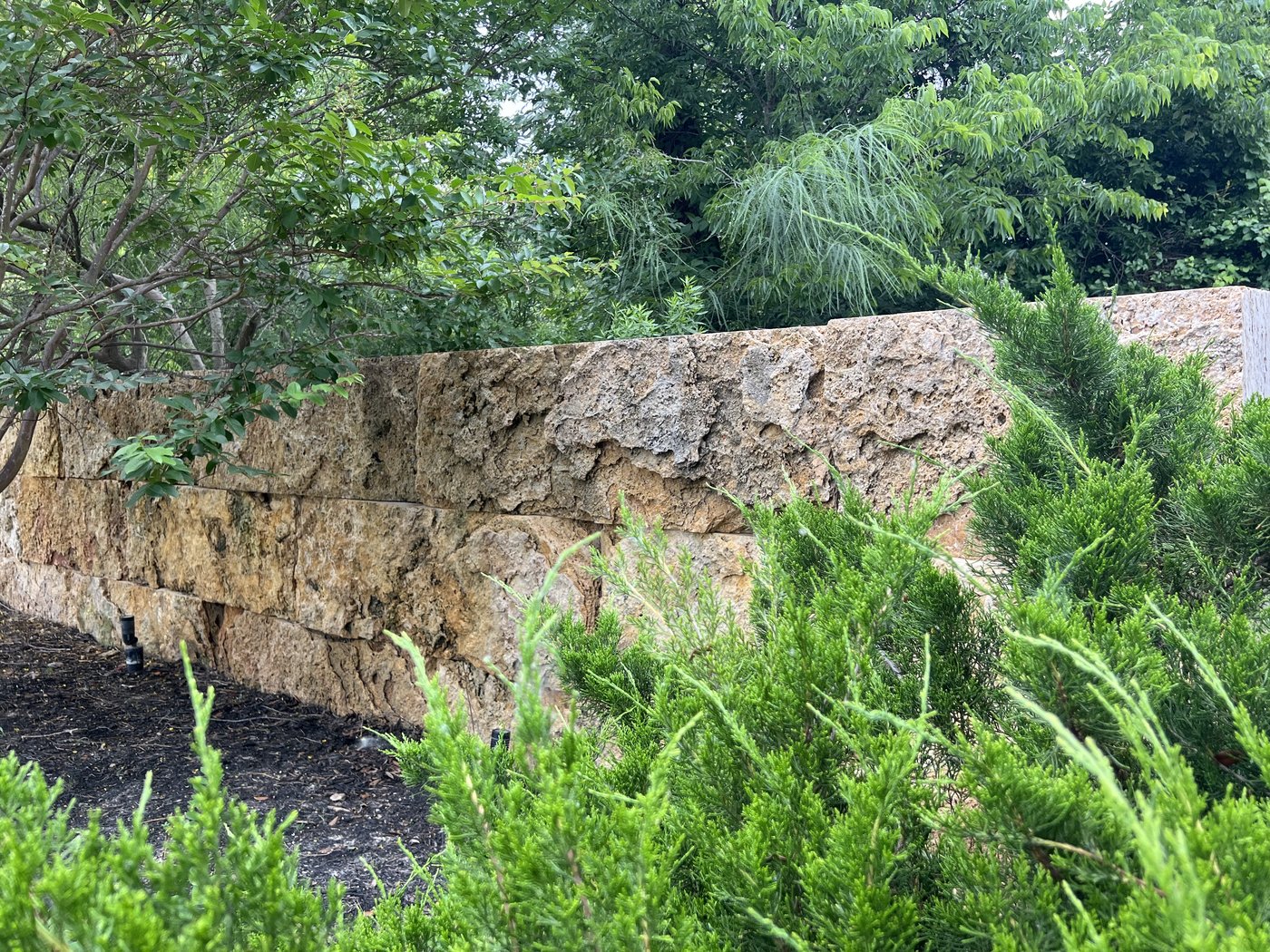 Cavestone stacked block retaining wall along a planted bed with junipers and accent plantings