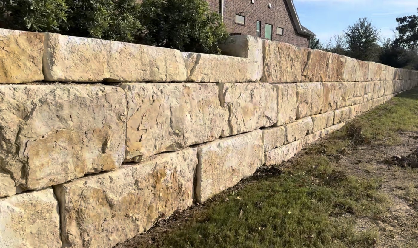 Stacked cream limestone boulder retaining wall running alongside a residence — two courses of rough-faced rectangular boulders