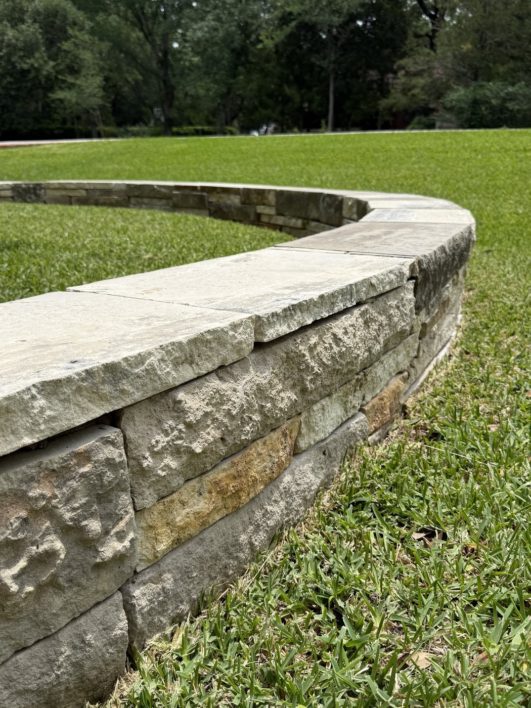 Cream and Castle Grey 2-4-6 curved garden wall closeup with cream flat cap, set into manicured grass