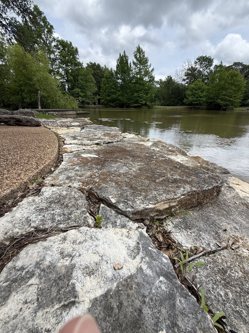 Natural limestone slabs forming a stable shoreline along a quiet lake
