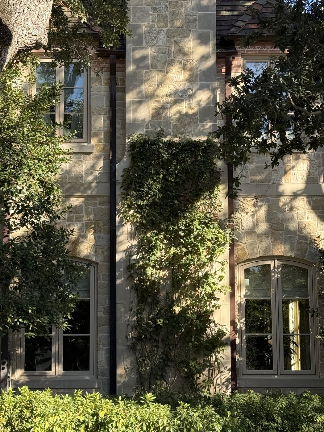 Old-World residence — Antique chopped wall detail with vines climbing across the random ashlar