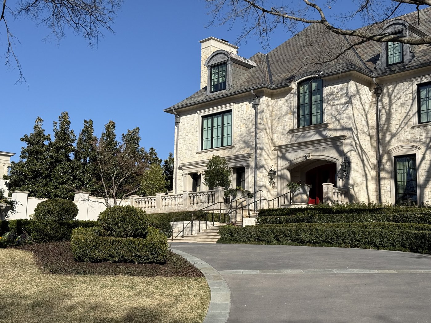 Stately estate residence — Austin White elevation with limestone balustrade entry porch