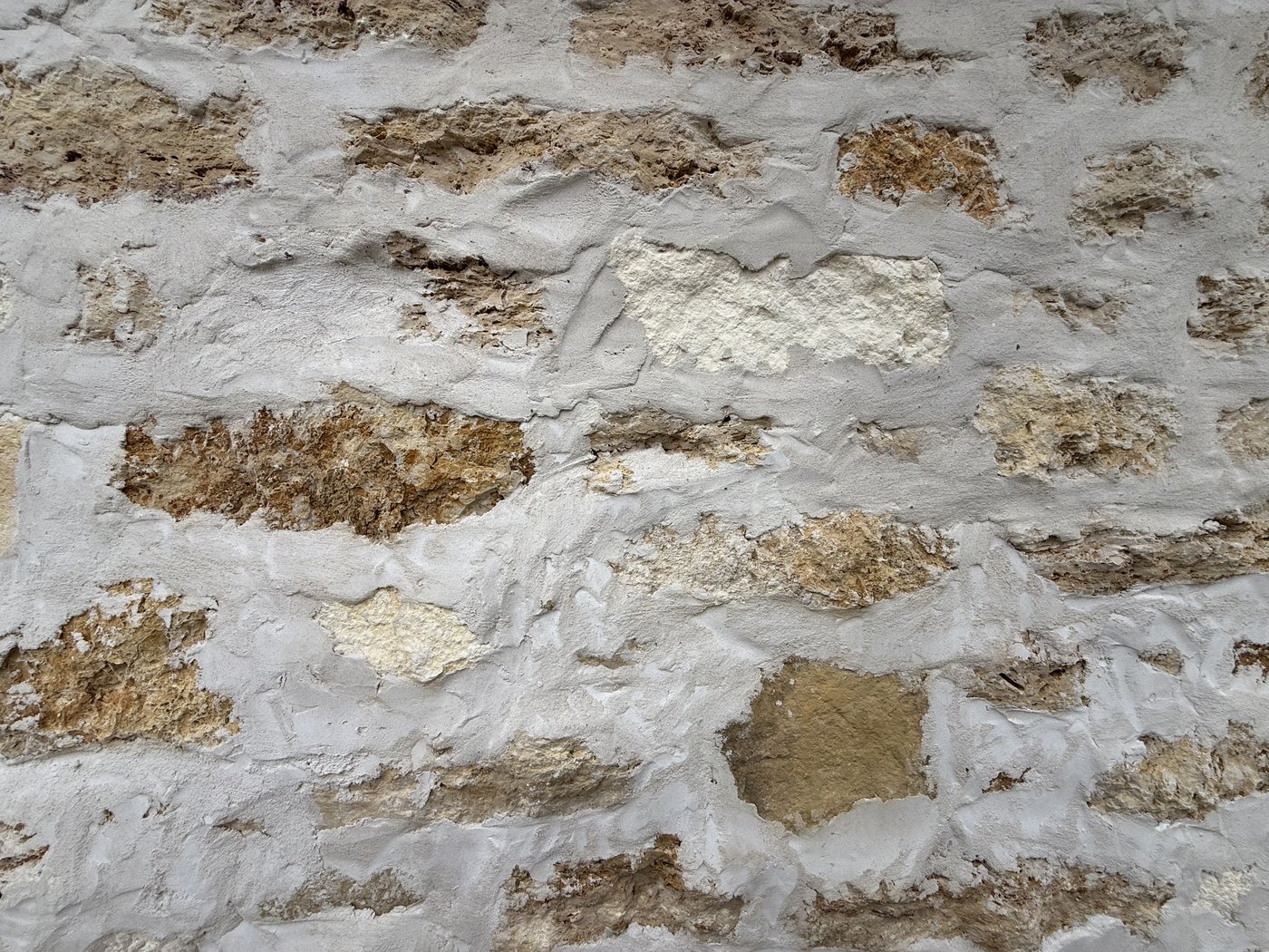 Cavestone close-up — fossil and honeycomb texture set with a heavy whitewashed smear-joint mortar