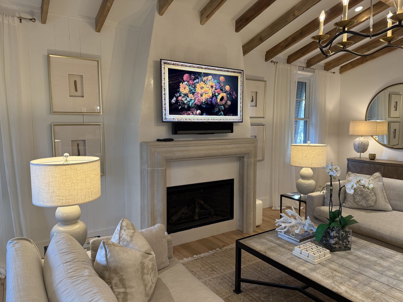 Rosemary Beach FL beach house — honed 20 inch grey ledge fireplace surround with stepped molding