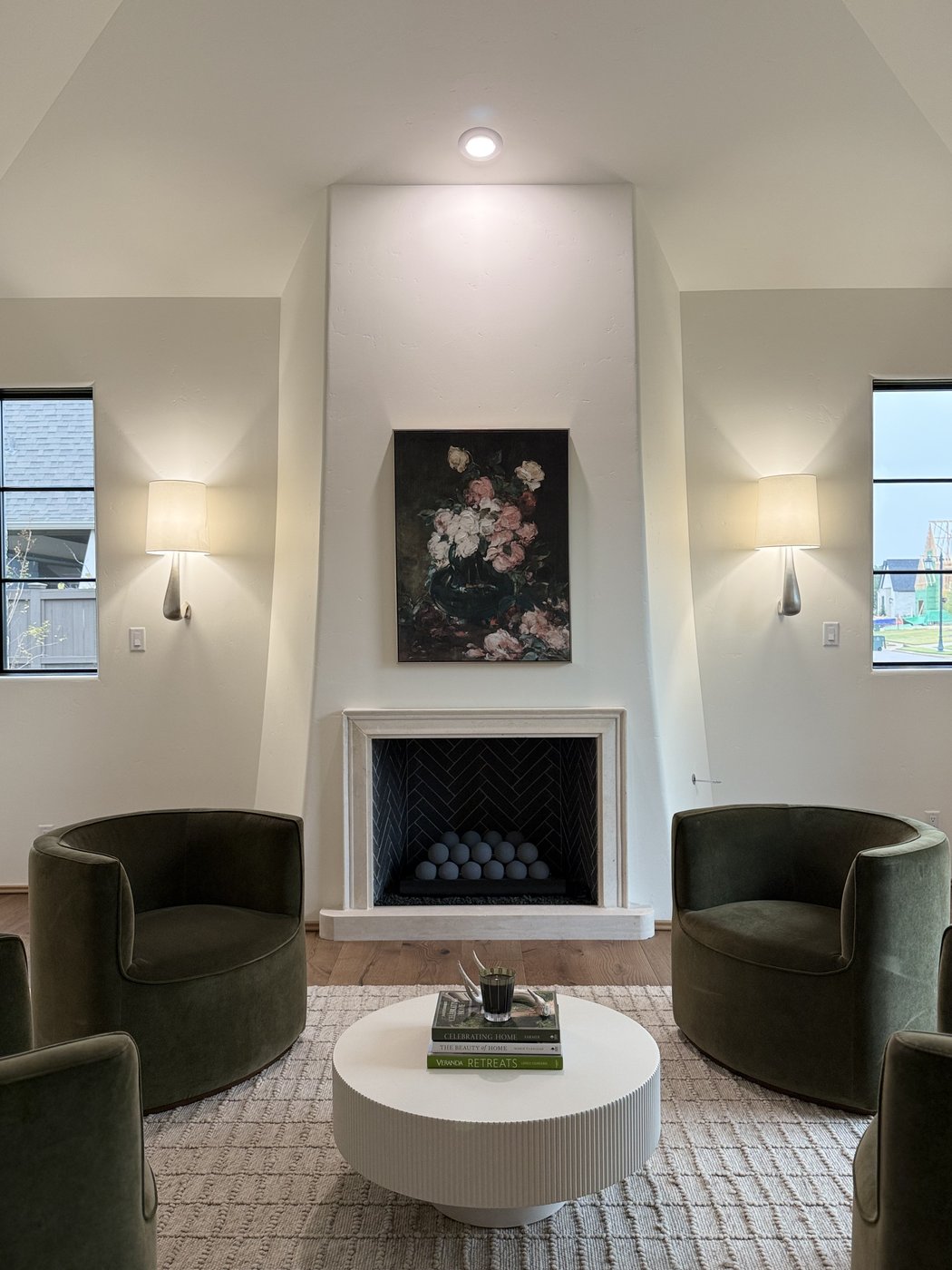 Italian villa — living room with white limestone fireplace surround carved to specification