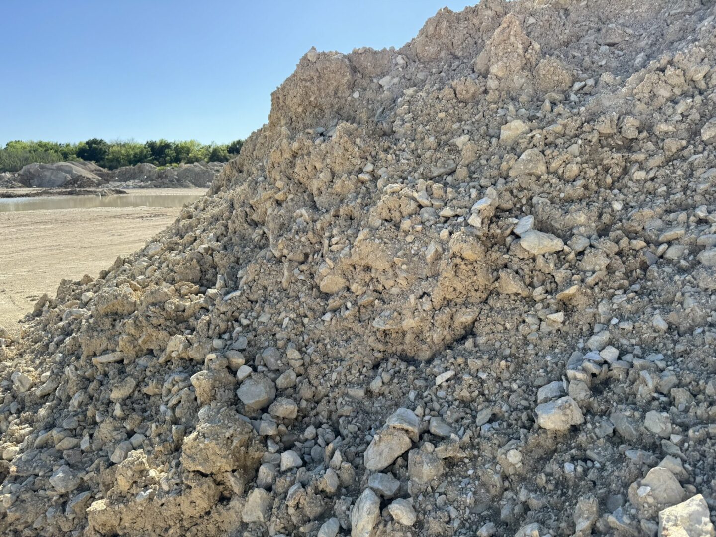 A pile of rocks in the dirt near some trees.